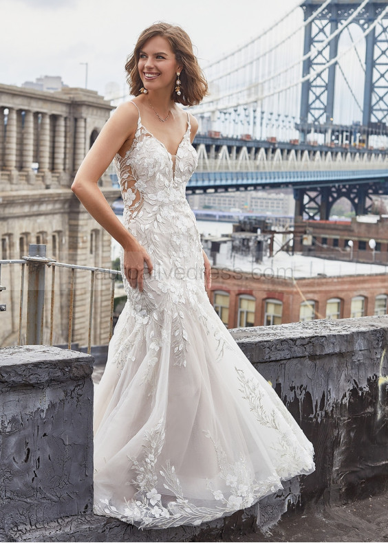 Beaded Ivory Floral Lace Tulle Open Back Wedding Dress